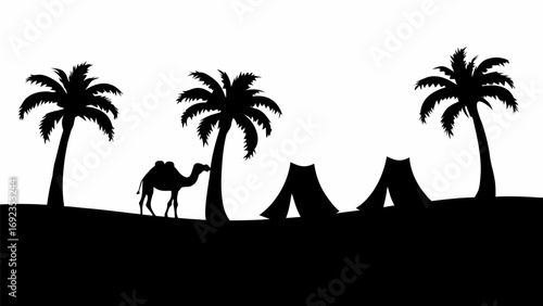 Silhouette of a camel walking past palm trees and tents in a desert landscape at night time scene