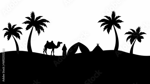 Silhouette of a desert landscape with palm trees camel tent and person under a bright white sky scene