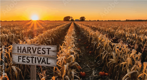 Golden sunset over a vast cornfield with a "Harvest Festival" sign and pumpkins, evoking autumn abundance.