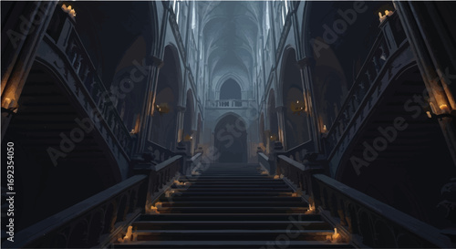 Mysterious grand staircase in a dimly lit ancient hall with flickering torches