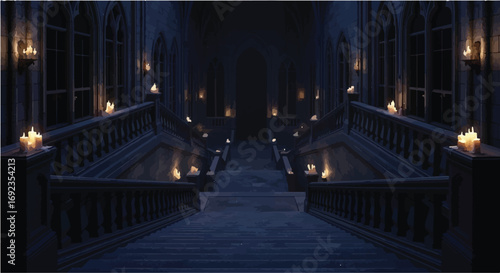 Mysterious grand staircase illuminated by flickering candles in a dark, opulent hall.