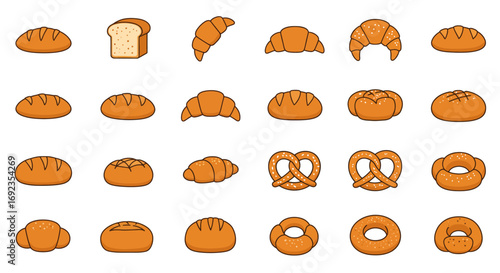 A collection of various baked goods including bread, croissants, pretzels, and bagels, presented in a grid format.