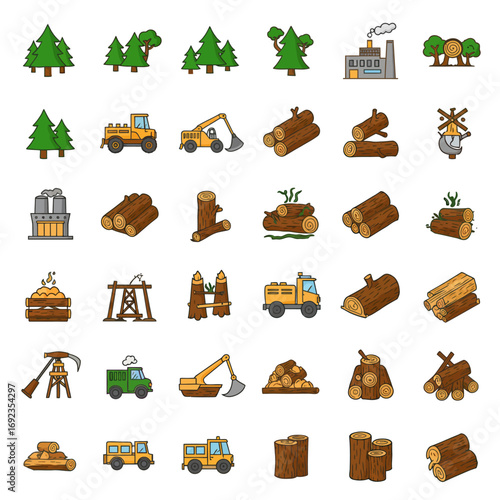 Collection of various forestry and lumber industry icons, including trees, logs, trucks, machinery, and factories.