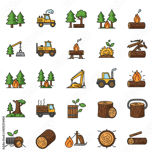 A collection of colorful icons representing the logging industry, forestry, and wood processing activities, including trees, machinery, and cut logs.