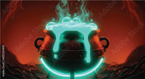 Mystical cauldron bubbling with glowing potion in dark, magical setting