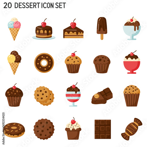 A collection of 20 colorful and delicious dessert icons, including ice cream cones, cakes, donuts, cupcakes, cookies, chocolate bars, and candy.