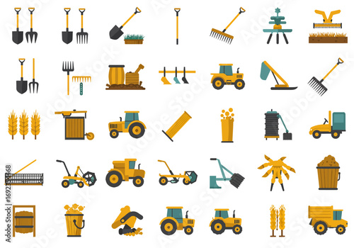 A comprehensive collection of flat design icons representing various farming tools, agricultural machinery, and equipment.