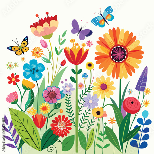 Cheerful floral arrangement with vibrant blooms and fluttering butterflies, creating a whimsical and joyful garden scene isolated on white background