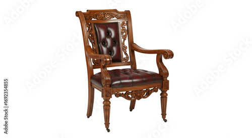 Ornate chair leather wood furniture antique luxury design vintage classic style seat on transparent background