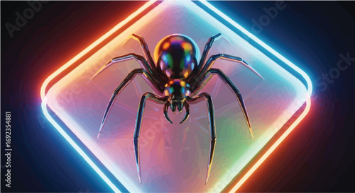 Glossy spider with iridescent body poised within a glowing neon diamond frame on a dark background.