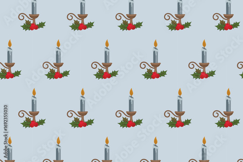 Christmas Candle Pattern swatch available in swatches panel, Festive Holiday Seamless Design with Holly Leaves and Burning Candle