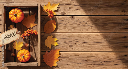 Cozy autumn harvest bounty in rustic wooden crate with colorful fall leaves on weathered planks