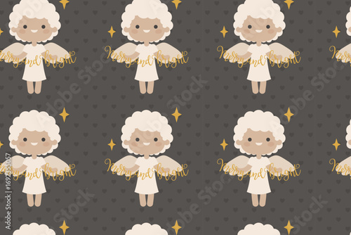 Christmas Angel Pattern swatch available in swatches panel, Cute Holiday Seamless Design with Merry and Bright Text and Stars