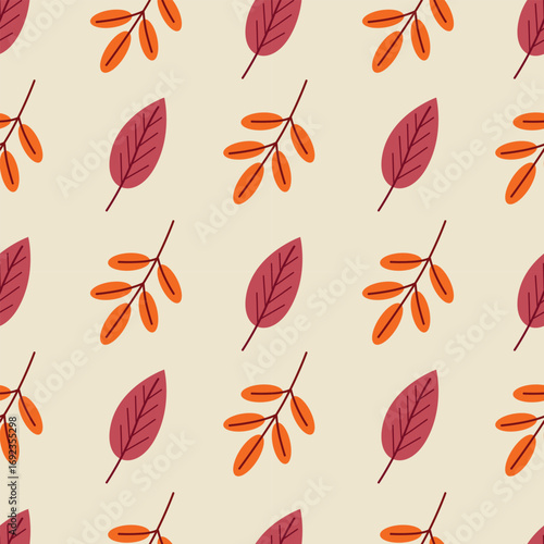 Seamless vector illustration featuring an autumn leaf pattern in warm colors. The repetitive design showcases orange and red leaves, ideal for seasonal backgrounds and textiles