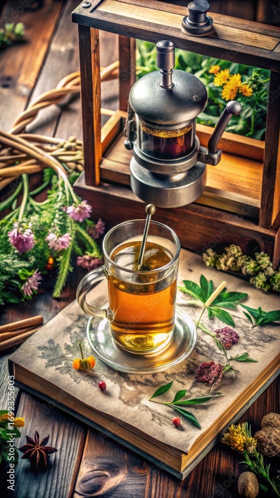 Fototapeta premium Photo of a glass of amber tea steeps in a clear mug placed on an old book surrounded by herbs, spices, and a vintage tea press, evoking a sense of rustic comfort