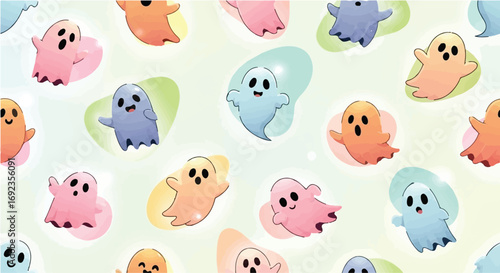 Whimsical pastel ghosts playfully float across a soft, dreamy background.