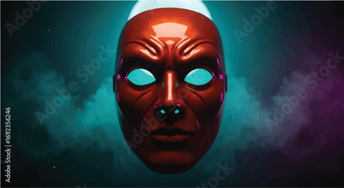 Mysterious glowing mask shrouded in atmospheric smoke, evoking intrigue and the unknown.
