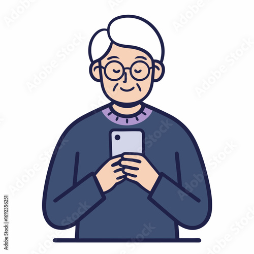 Vector illustration of elderly man with glasses using smartphone, senior male character in casual clothes holding mobile device, communication, technology, lifestyle, isolated flat design.