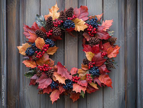 Beautiful autumn wreath decor made of colorful leaves, pinecones, and berries, perfect for seasonal display.