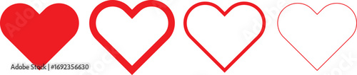 Four hearts, one filled red, isolated on white background