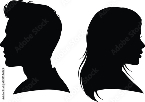 Silhouette profile of man and woman facing opposite directions, black and white vector art concept for relationship, gender, communication themes