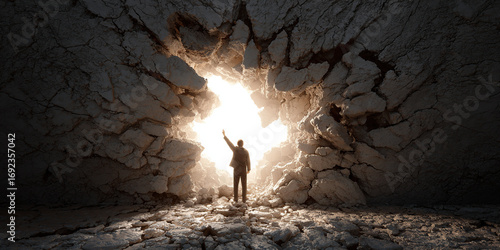 Person Breaking Through Stone Wall. Symbol of overcoming obstacles and personal strength. Great for motivational content or achievement campaigns.