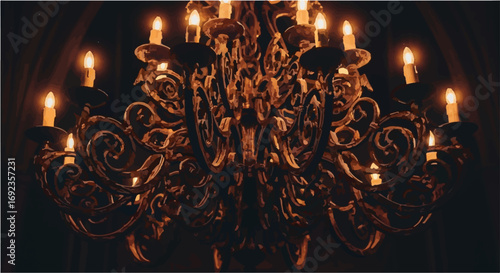 Elegant antique chandelier glowing with warm candlelight in a dimly lit room