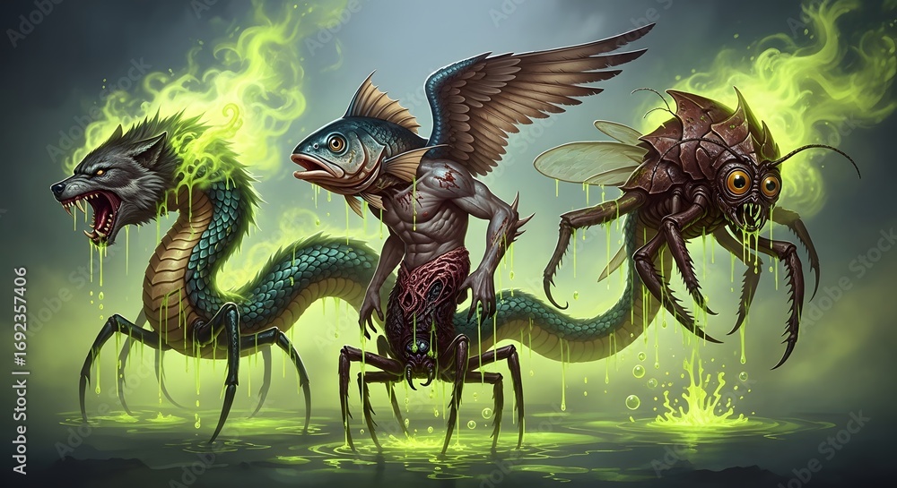 Obraz premium Flying demon monkeys in green supernatural mist