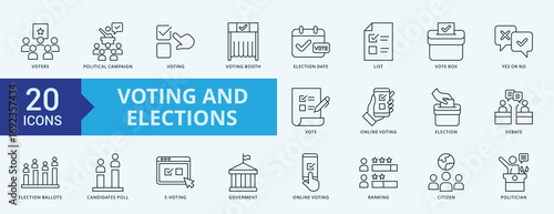 Voting and Elections icon collection set with voters, political campaign, voting, voting booth, election date, list, vote box