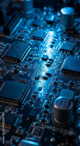 Close-up of a Modern Computer Motherboard with Blue Lighting.