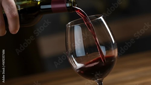 Pouring Red Wine into Glass on Wooden Table Closeup