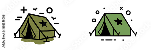 Military tent icon set with star symbol for army camp or outdoor shelter isolated on a white background