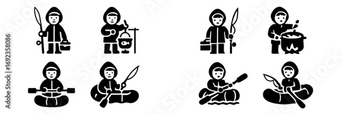 Set of black glyph icons depicting a person in a parka engaged in outdoor activities like fishing, cooking, and paddling a boat