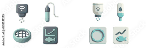 Collection of volumetric icons for smart aquaculture technology, fish farming equipment, and aquarium monitoring systems