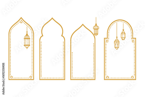 Golden Islamic frames and Arabic arch window borders with hanging lanterns for Ramadan holiday greetings isolated on a white background