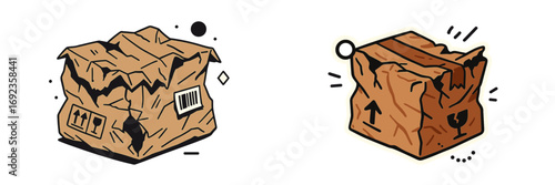 Two damaged cardboard shipping boxes with fragile and up arrows symbols and barcode labels indicating mishandling during delivery