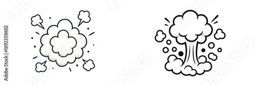 Dynamic set of cartoon smoke clouds and comic book explosion effects with black outlines for graphic design projects and game assets