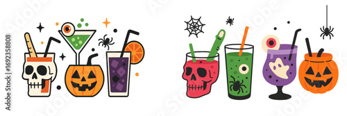 Vibrant Halloween party cocktails and mocktails served in festive skull and pumpkin glasses with spooky eyeball and spider garnishes