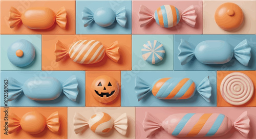 Festive assortment of colorful candies and Halloween treats arranged on a pastel grid
