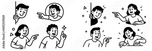 Collection of minimalist doodle characters pointing fingers and peeking from behind corners and out of holes in a simple black and white outline drawing