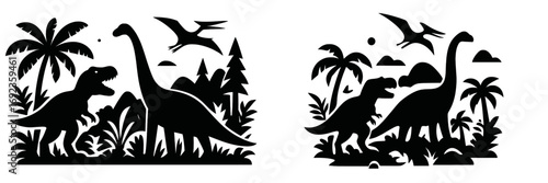 Dinosaur silhouette set with T-Rex, Brachiosaurus, and Pterodactyl in a prehistoric jungle landscape with palm trees