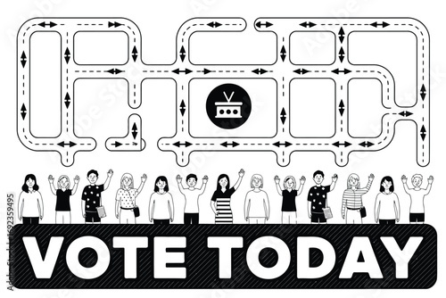 Black and white illustration of people voting with a road map and vote today text banner below