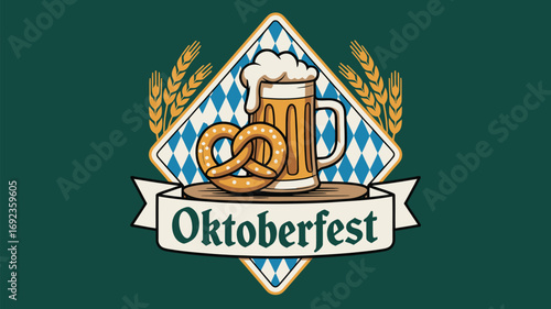 Oktoberfest illustration featuring a beer mug, pretzel, and wheat on a diamond patterned background