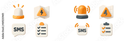 Icon set for emergency alerts, notifications, and warnings with siren, map location, SMS message, and checklist symbols