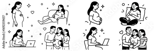 Collection of minimalist black and white line art icons depicting pregnancy and maternity concepts, showing a pregnant woman alone, with family, and working on a laptop
