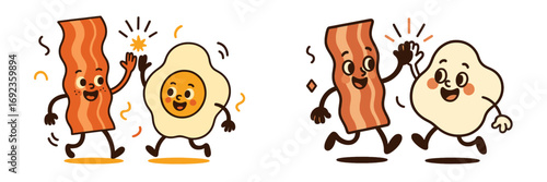Retro cartoon mascot characters of bacon and eggs giving a high five, a fun and friendly breakfast food combination concept