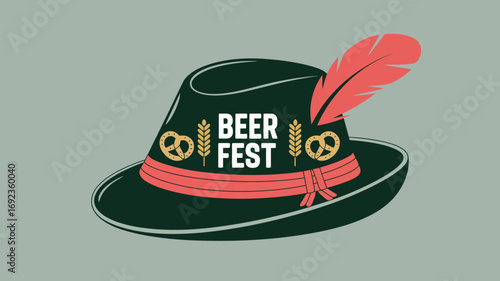 Illustration of a beer fest hat with a feather, pretzels, and wheat on a gray background design