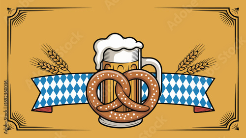 Illustration of a beer mug with foam and a pretzel on a bavarian banner with wheat stalks and frame