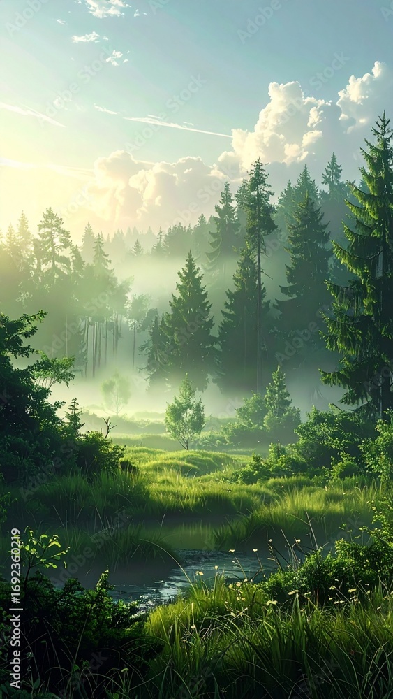 Fototapeta premium Serene forest wallpaper with mist and soft sunlight, ideal for calming backgrounds, meditation visuals, and nature-inspired wall decor.