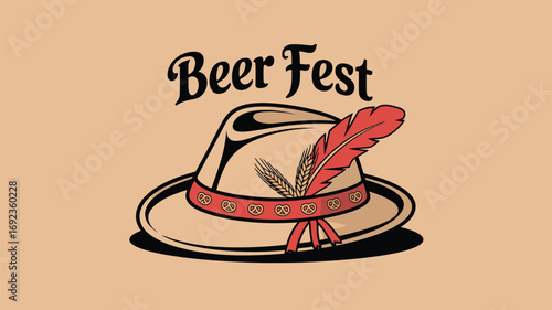 Beer fest illustration featuring a traditional bavarian hat with a feather and pretzel decoration